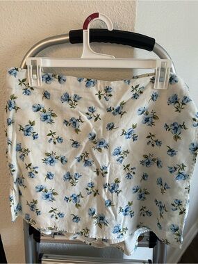 White Floral Mini Skort with Blue Rose Print